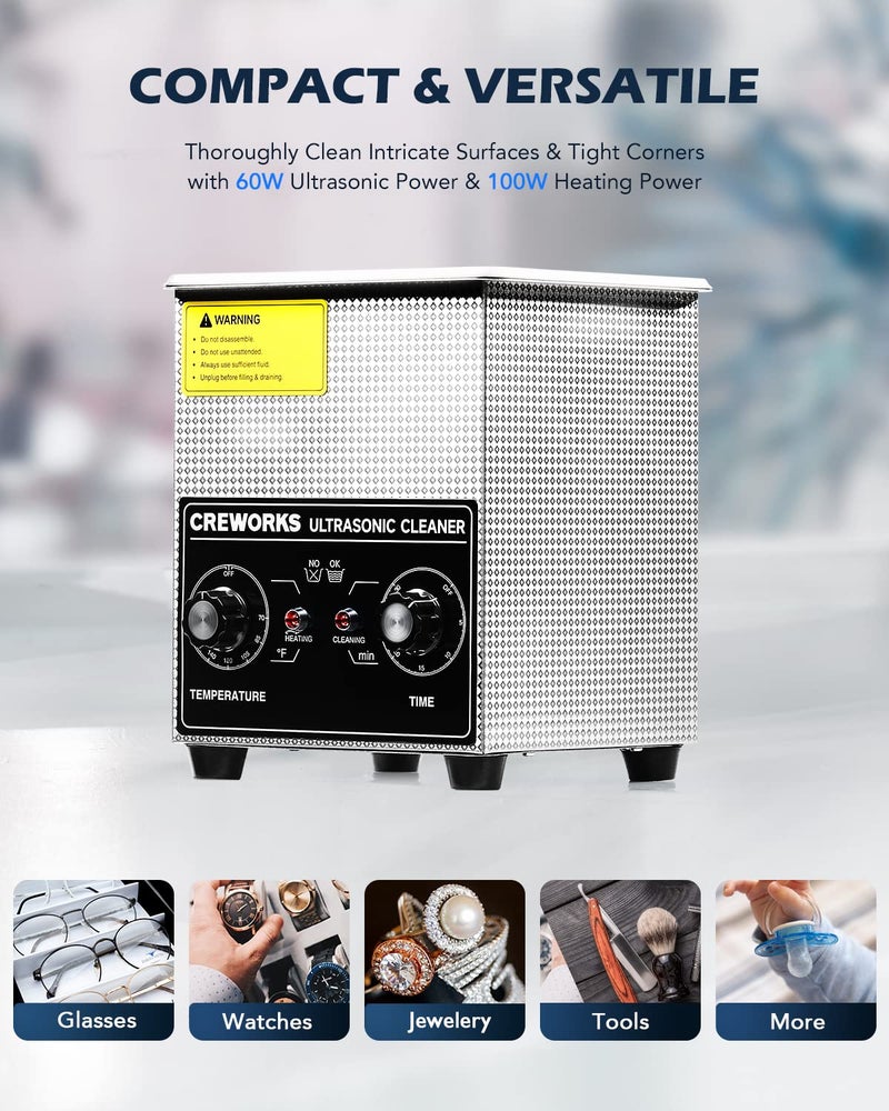 CREWORKS 2L Ultrasonic Cleaner with Heater & Timer, 60W 304 Stainless Steel Sonic Cleaner, 0.5 gal Compact Ultrasonic Parts Cleaner, Professional Lab Ultrasonic Cleaner for Jewelry Watch Coin Glasses - Image 5